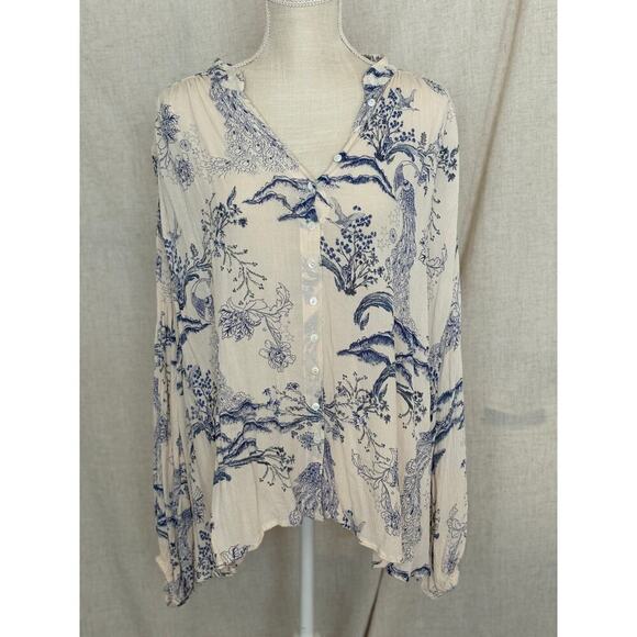Free People Oversized Metallic Blooms Cream Blue Floral Blouse Size XS - Picture 4 of 9